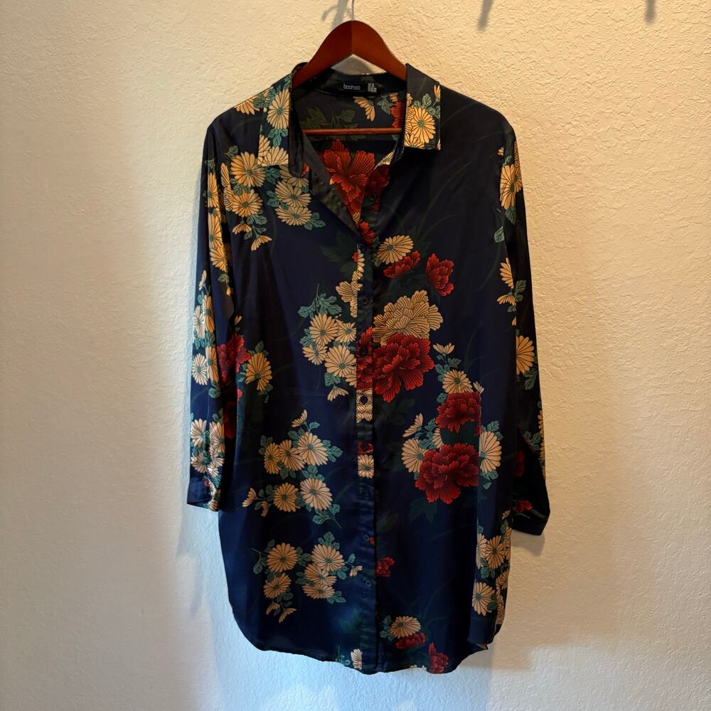 BOOHOO Shirtdress Full Button-Up Navy Blue Bold Floral Satin Sz 14 Sexy Clubwear